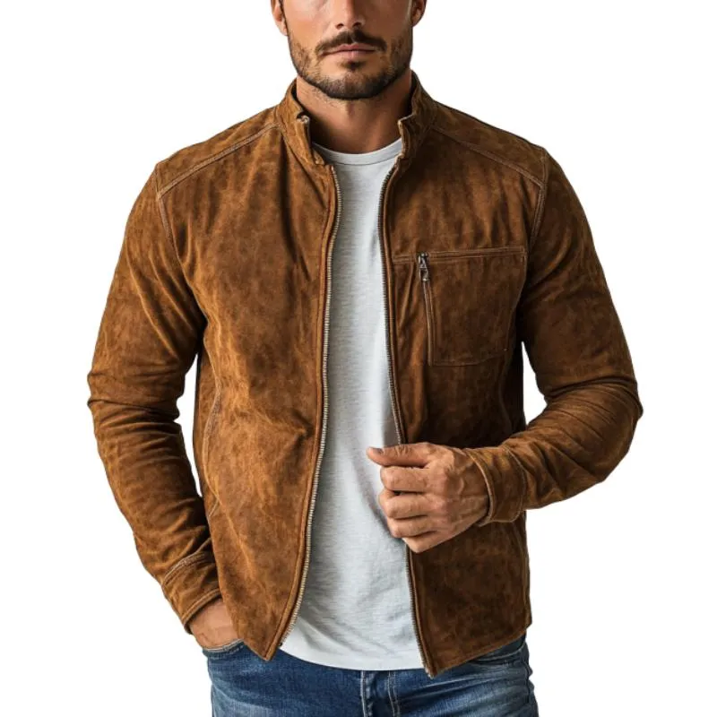 Men's Fashion Casual Suede Zipper Stand Collar Jacket 61132642Y