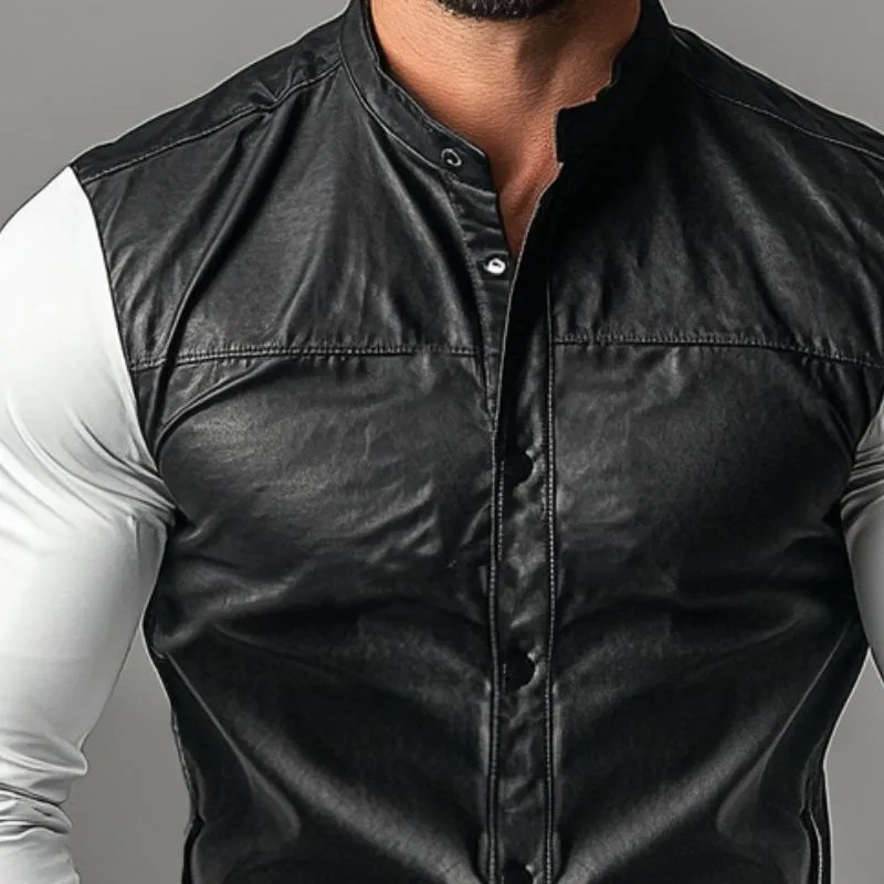 Men's Fashion Colorblock Stand Collar Single Breasted Leather Shirt 20114234Y