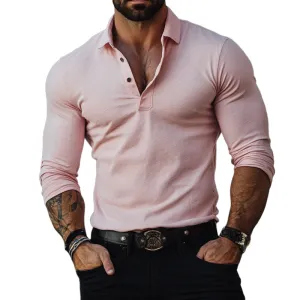 Men's Fashion Solid Color Slim Fit Buttons Lapel Long Sleeves Polo Shirt 38275435Y