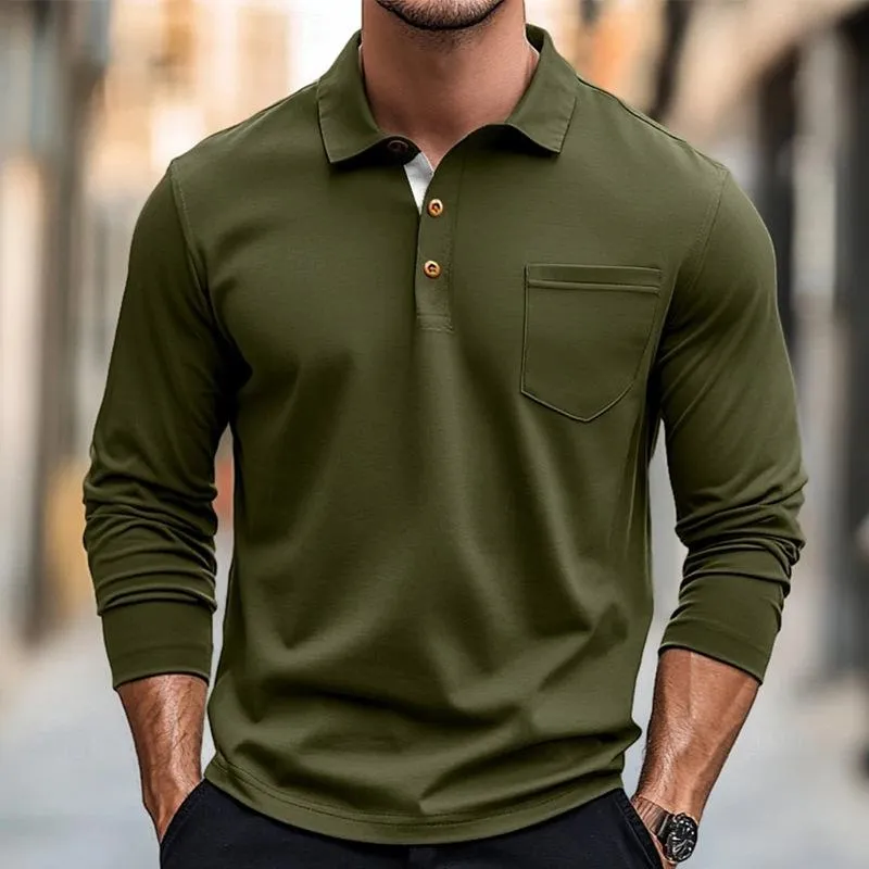 Men's Solid Color Button-Down Lapel Long-Sleeved Polo Shirt 74697399Y