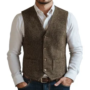 Men's Vintage Herringbone V-Neck Single Breasted Slim Fit Vest 14105827M