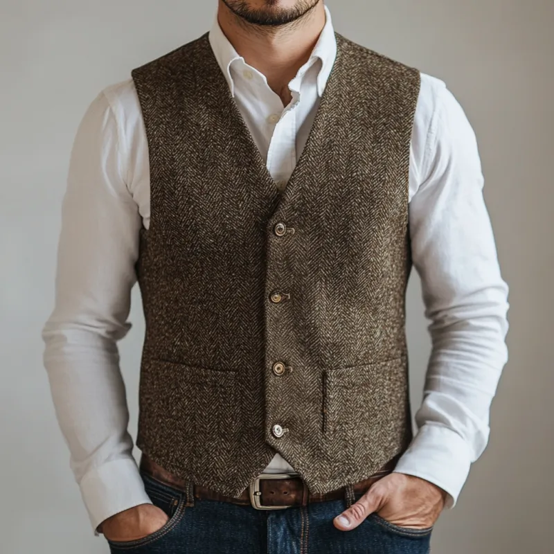 Men's Vintage Herringbone V-Neck Single Breasted Slim Fit Vest 14105827M