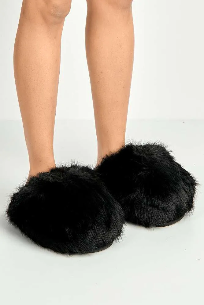 Mimi Fluffy Flat Slippers in Black