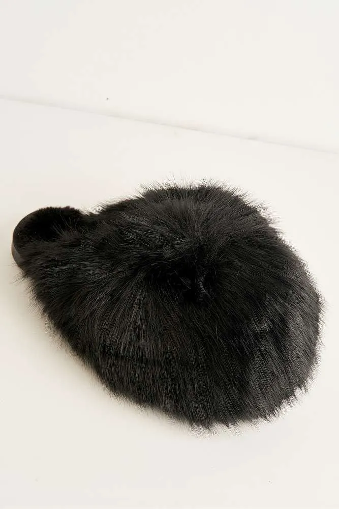 Mimi Fluffy Flat Slippers in Black