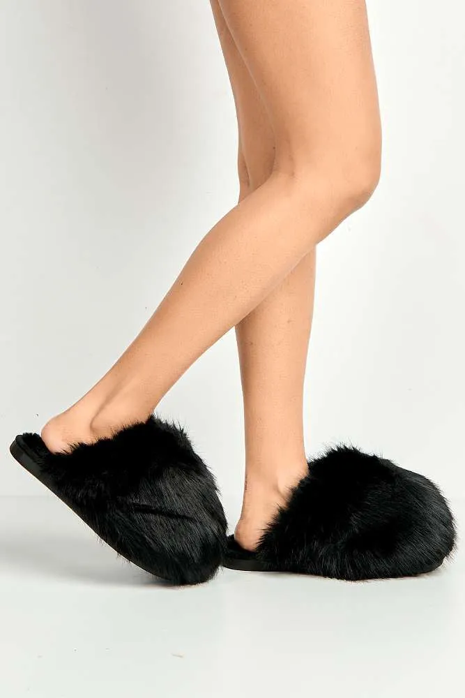 Mimi Fluffy Flat Slippers in Black