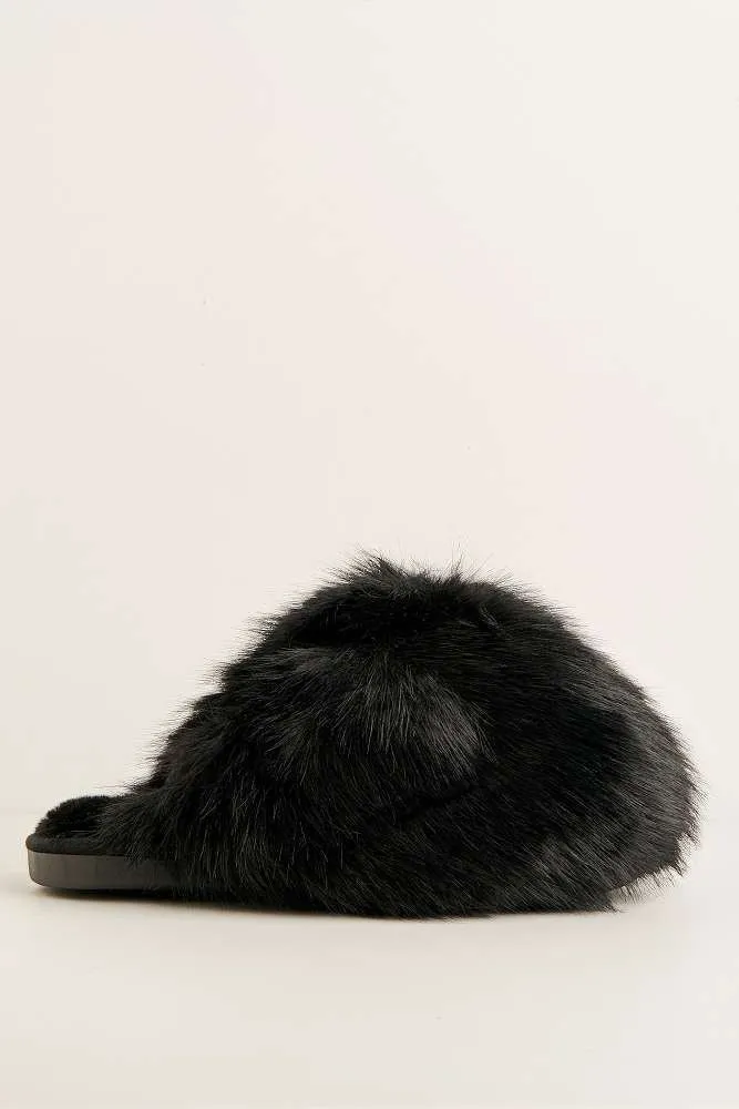 Mimi Fluffy Flat Slippers in Black