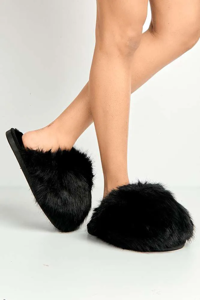 Mimi Fluffy Flat Slippers in Black