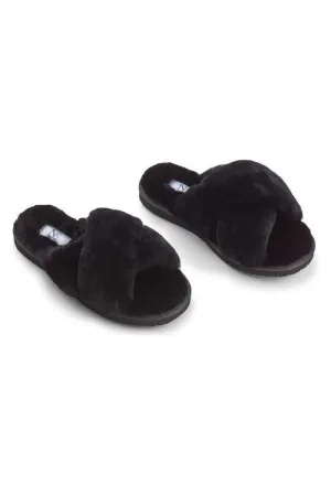 Natures Collection Criss Cross Sheepskin Slippers NCF1049 | Black | Clearance Final Sale