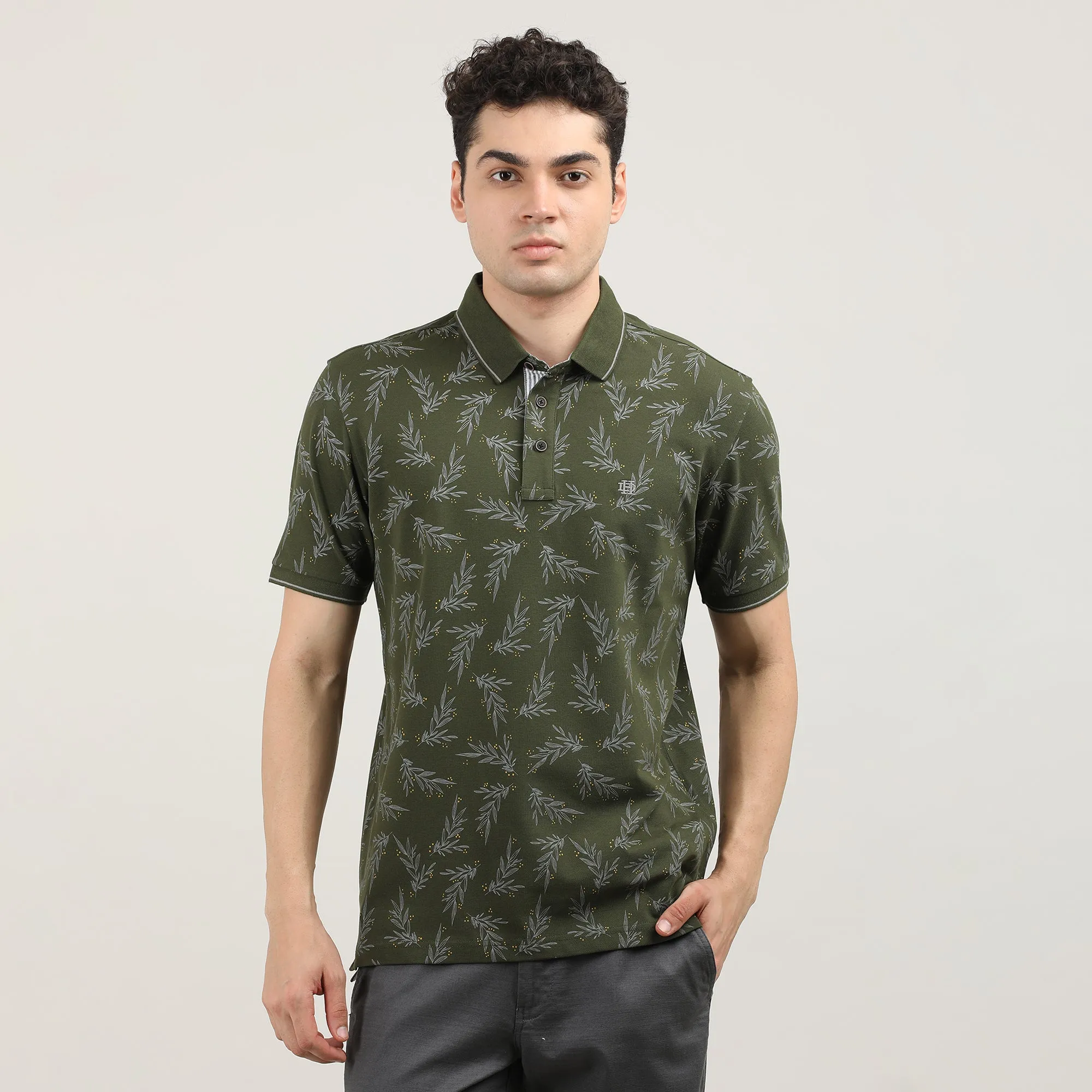 Olive Printed Polo T-shirt With Tipping Collar