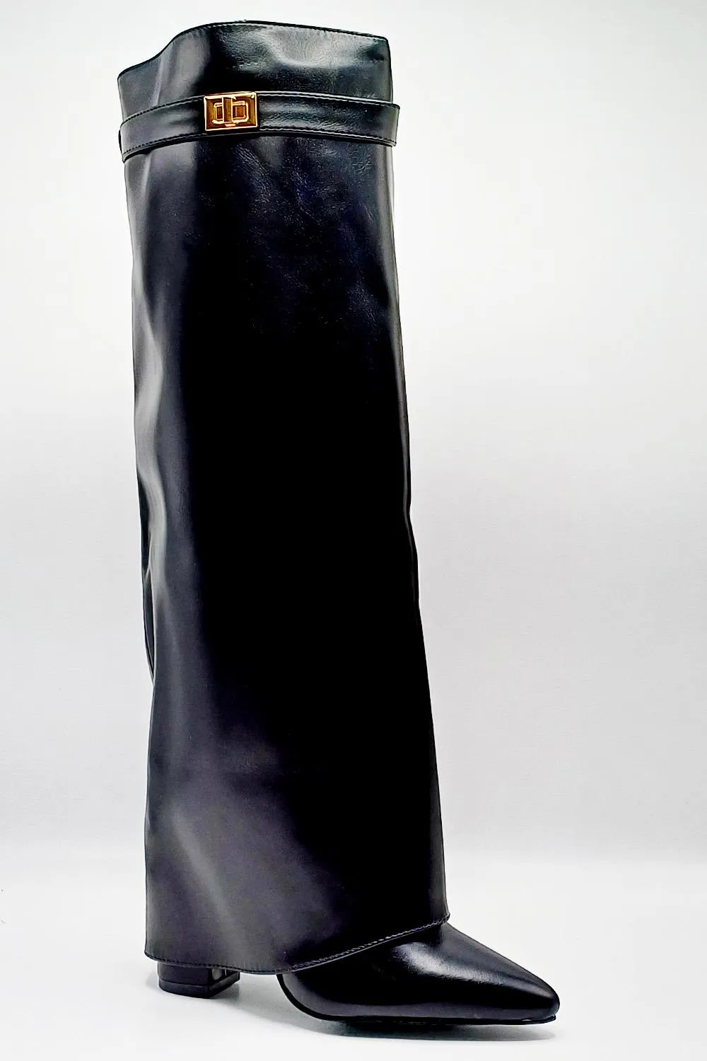 Padma Pointed Toe Block Heel Knee High Boots in Black Matt