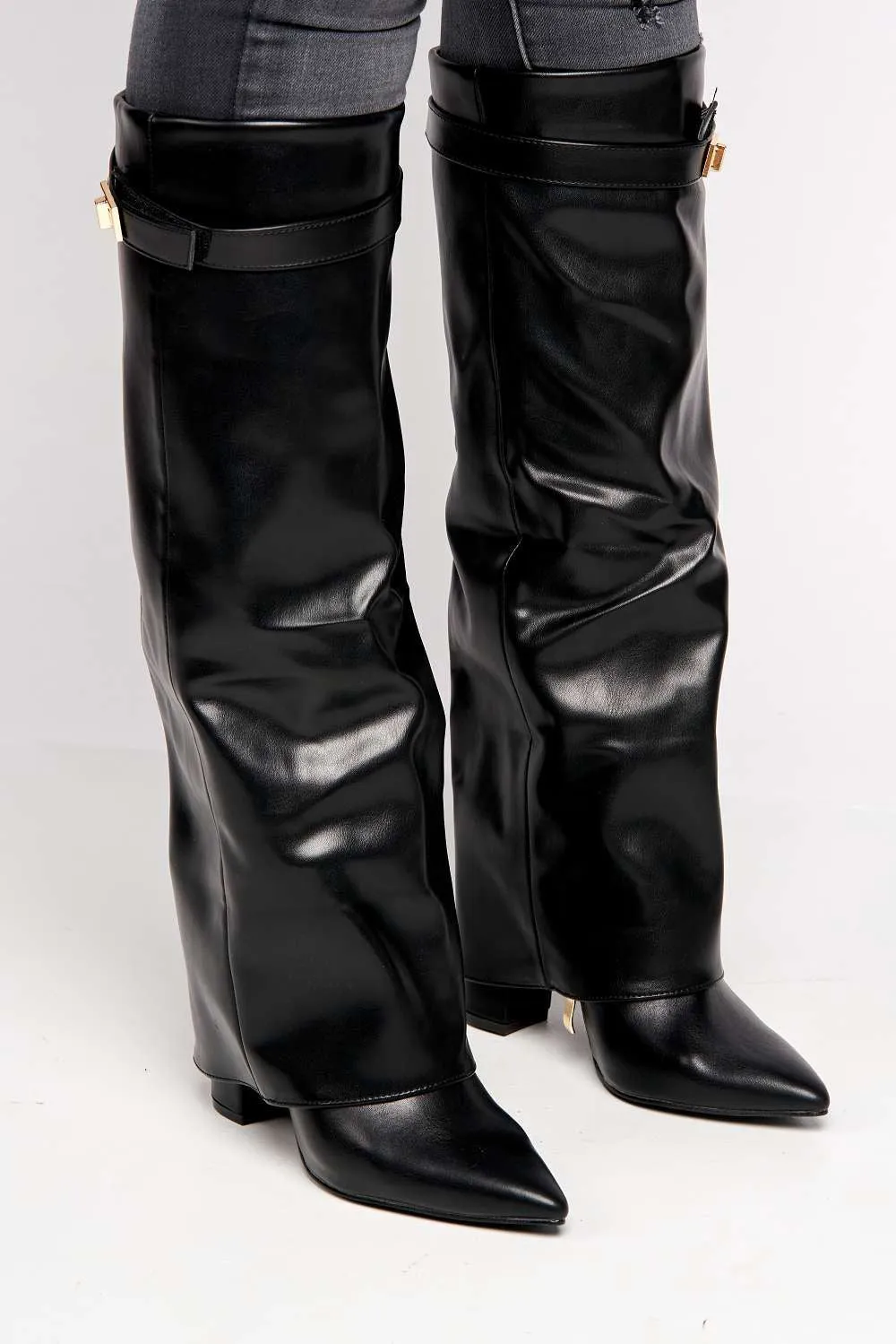 Padma Pointed Toe Block Heel Knee High Boots in Black Matt