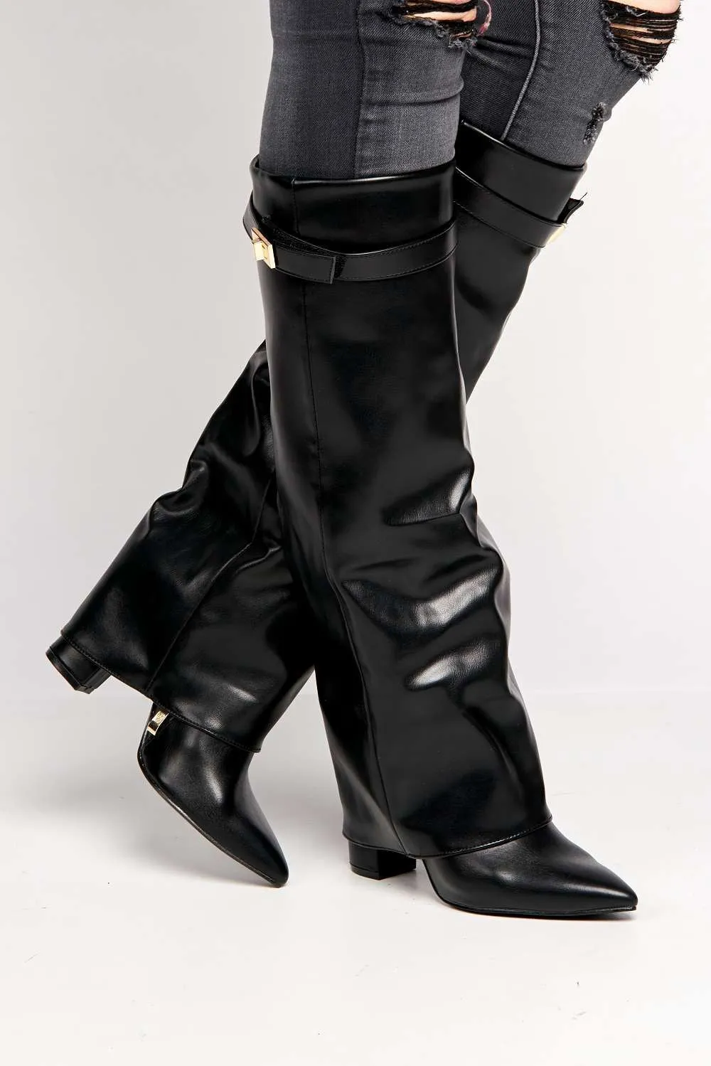 Padma Pointed Toe Block Heel Knee High Boots in Black Matt