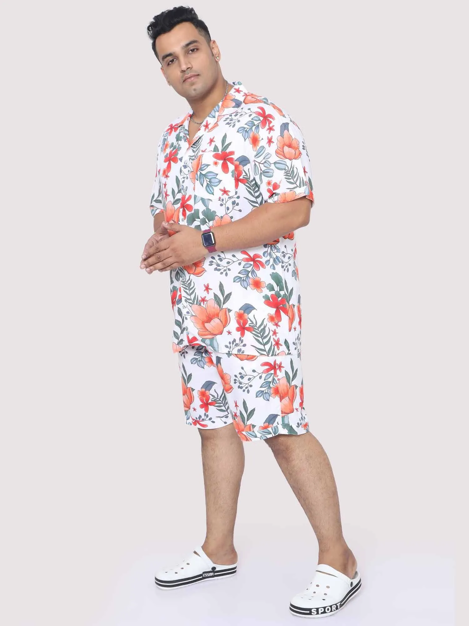 Plus Size Men Saffron Hibiscus Digital Printed Half Co-Ords