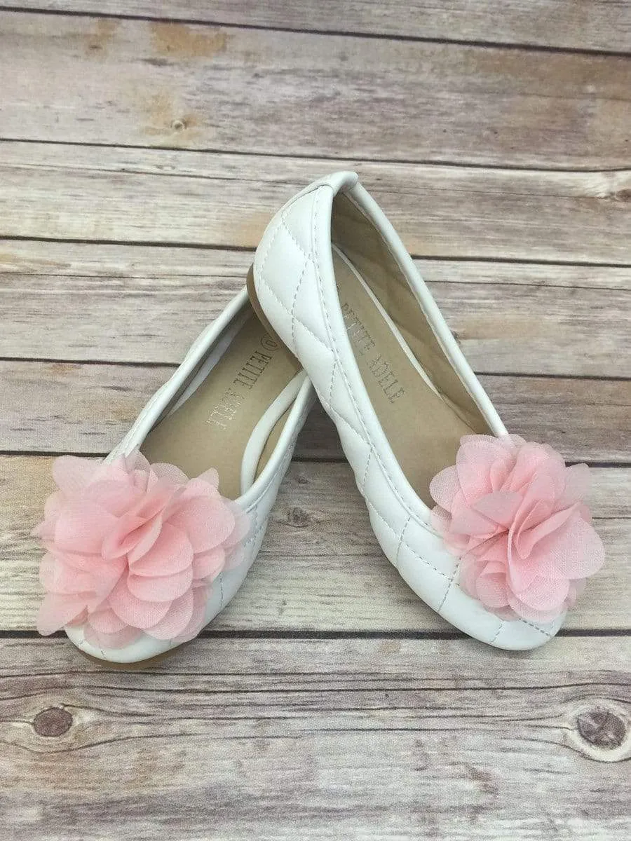 Quilted Flower Girl Shoes With Chiffon Flower