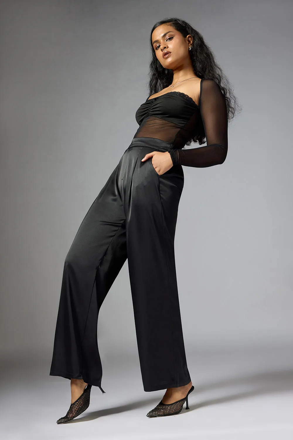 Shadow Black Satin Straight Korean Pants