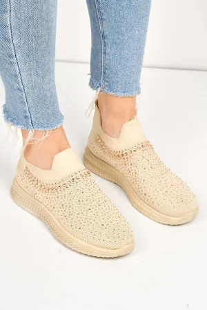 Stilla Diamante Embellished Slip-on Trainer in Beige