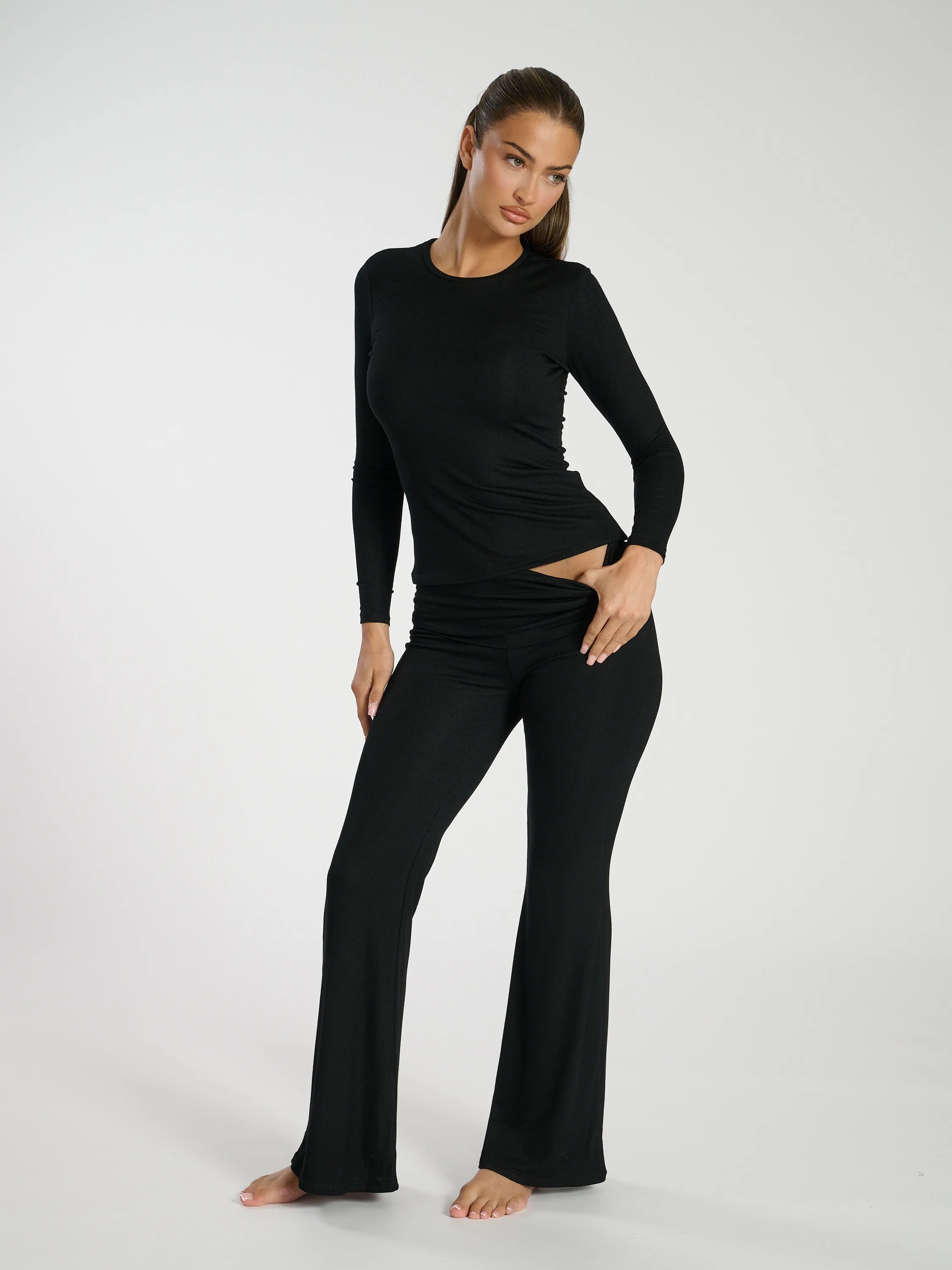 The 'Overlap' double layer rib jersey fold over flares