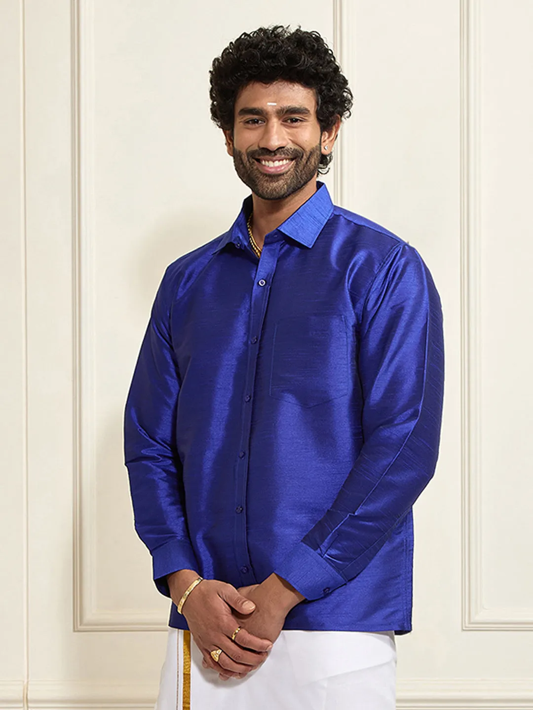 VASTRAMAY Men's Blue Silk Blend Ethnic Shirt