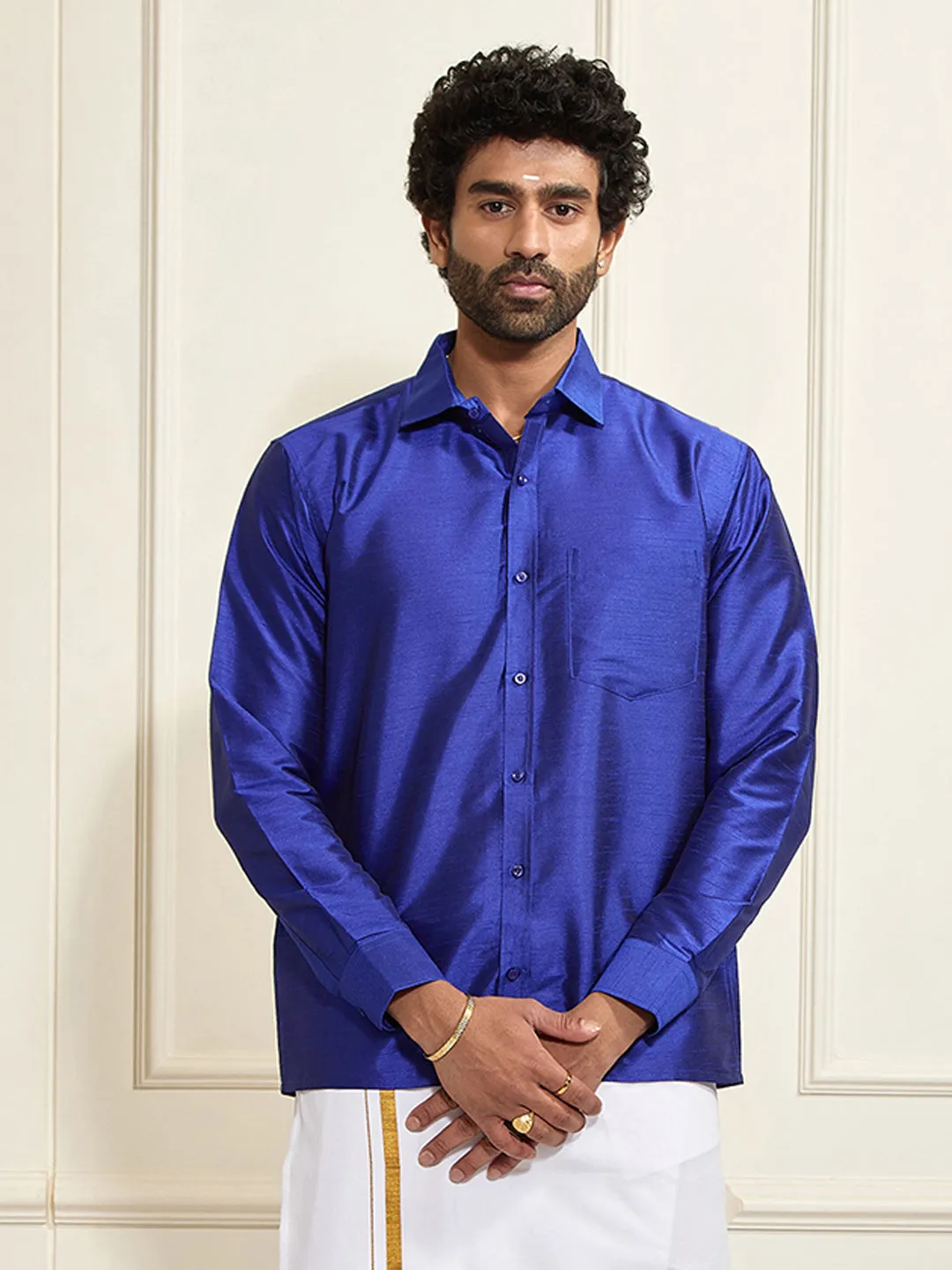 VASTRAMAY Men's Blue Silk Blend Ethnic Shirt