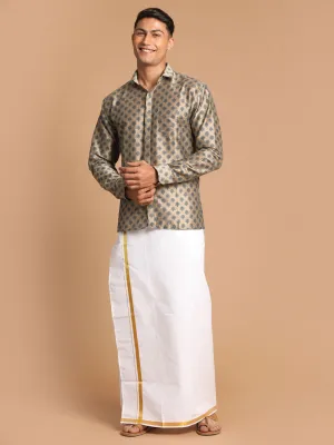 VASTRAMAY Men's Brown Silk Blend Printed Shirt And Mundu Set