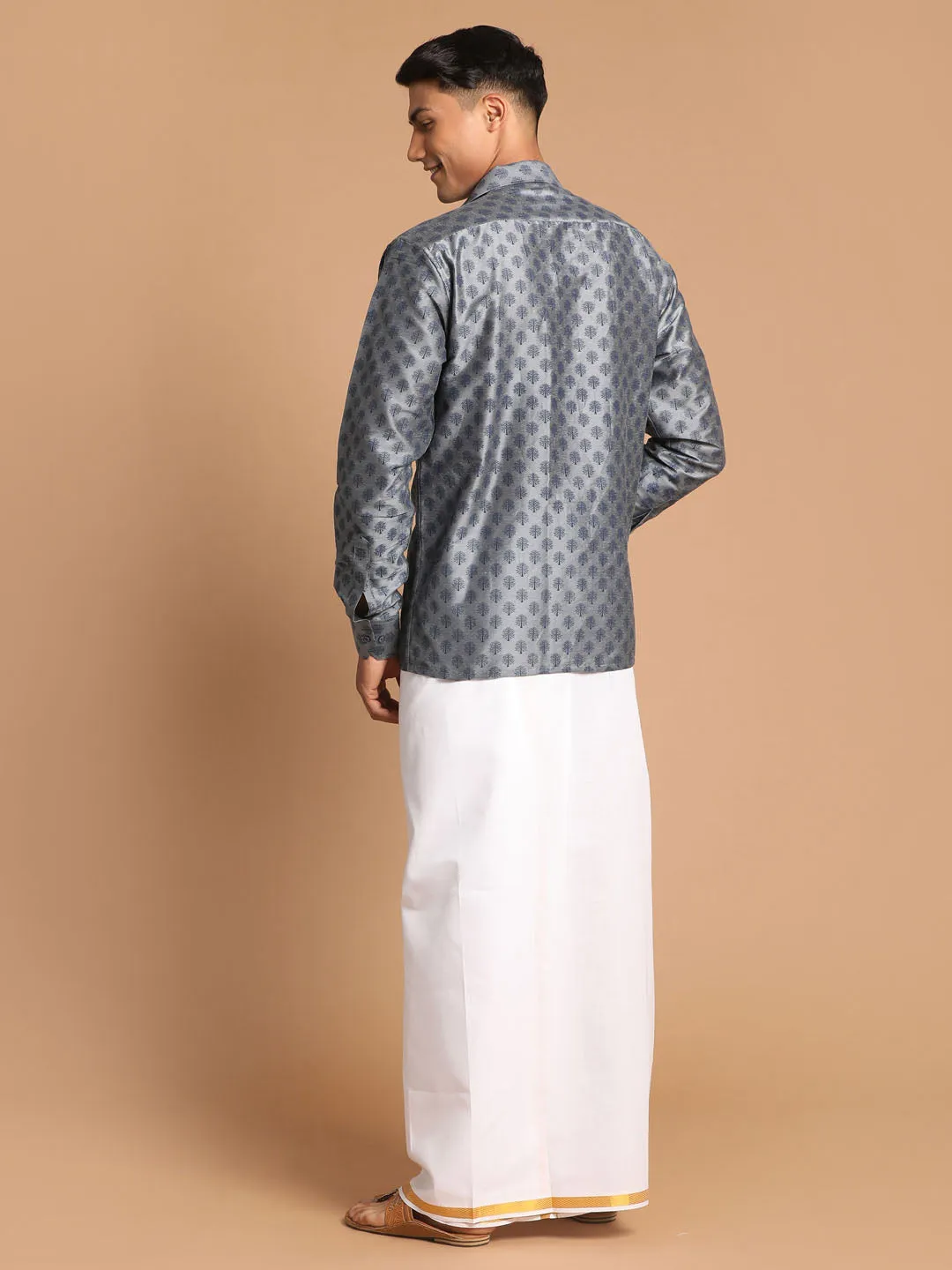 VASTRAMAY Men's Gray Silk Blend Printed Shirt And Mundu Set