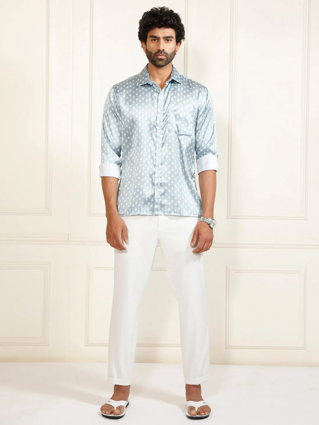 VASTRAMAY Men's Grey And White Satin Ethnic Shirt