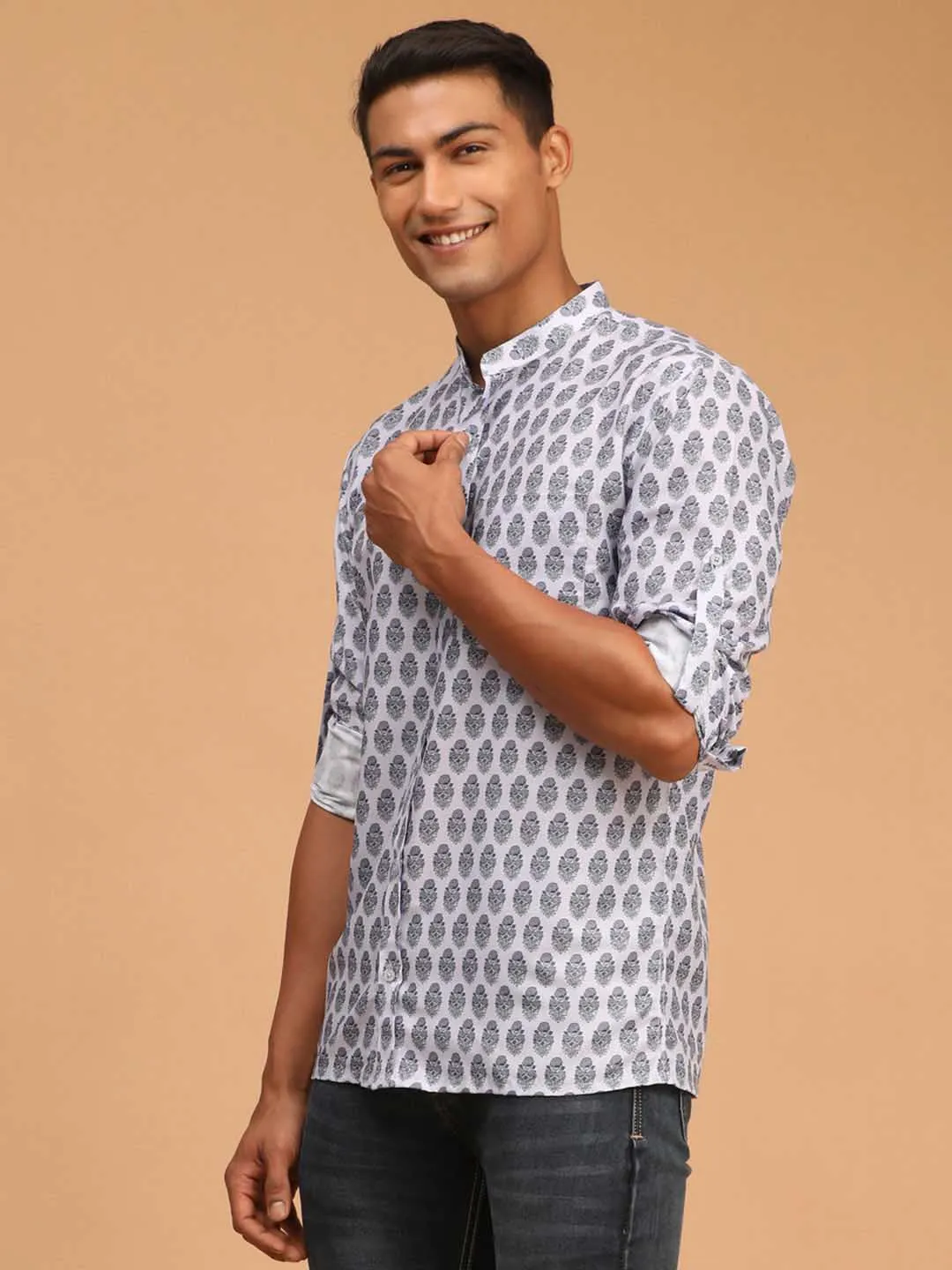 VASTRAMAY Men's Grey Cotton Blend Printed Shirt