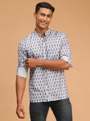 VASTRAMAY Men's Grey Cotton Blend Printed Shirt