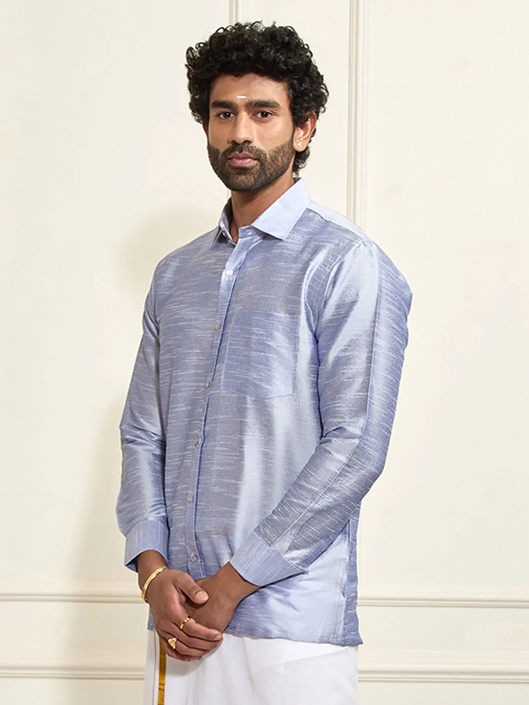 VASTRAMAY Men's Light Blue Silk Blend Ethnic Shirt