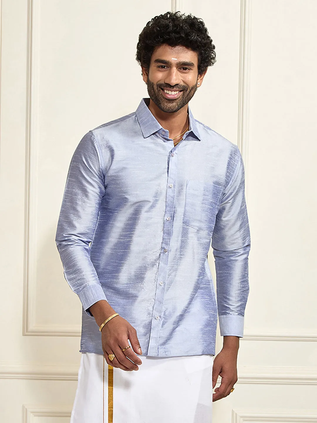 VASTRAMAY Men's Light Blue Silk Blend Ethnic Shirt