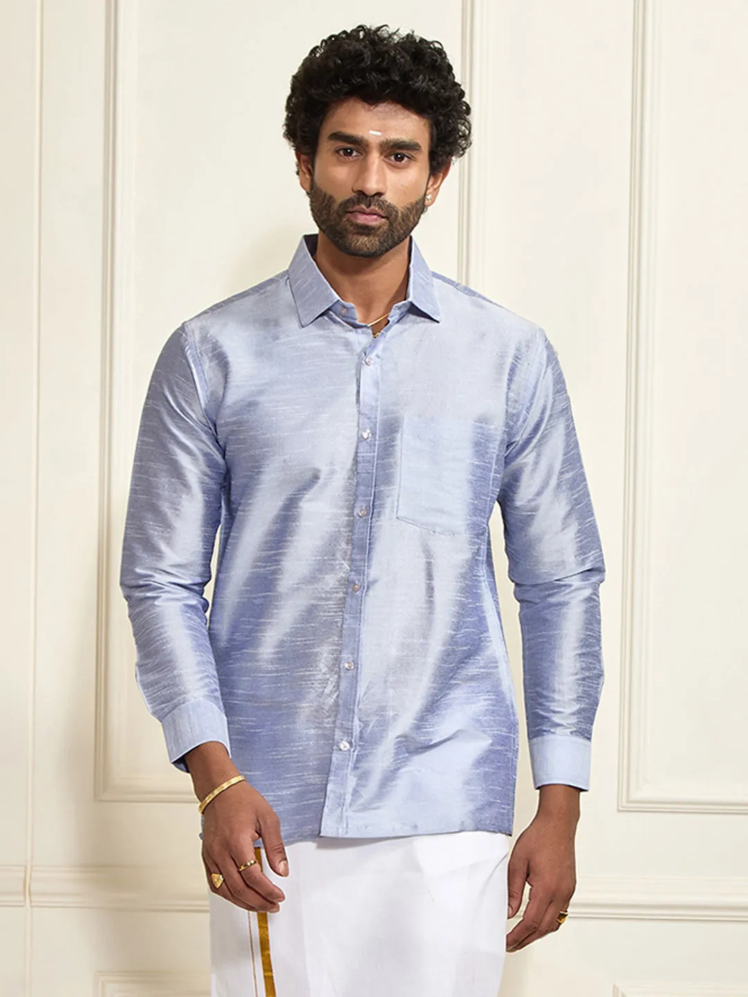 VASTRAMAY Men's Light Blue Silk Blend Ethnic Shirt