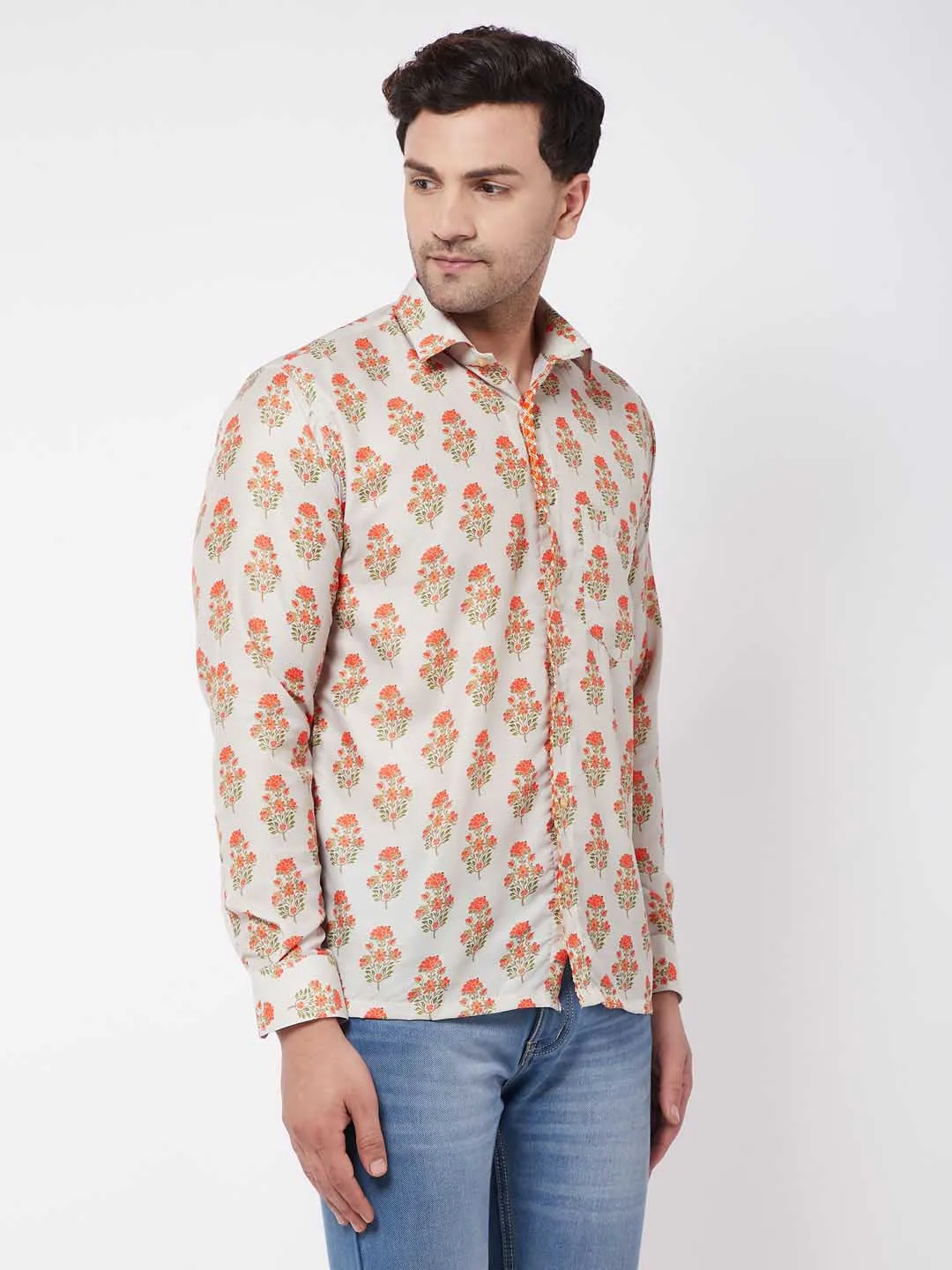 VASTRAMAY Men's Multicolor-Base-Beige Ethnic Shirt