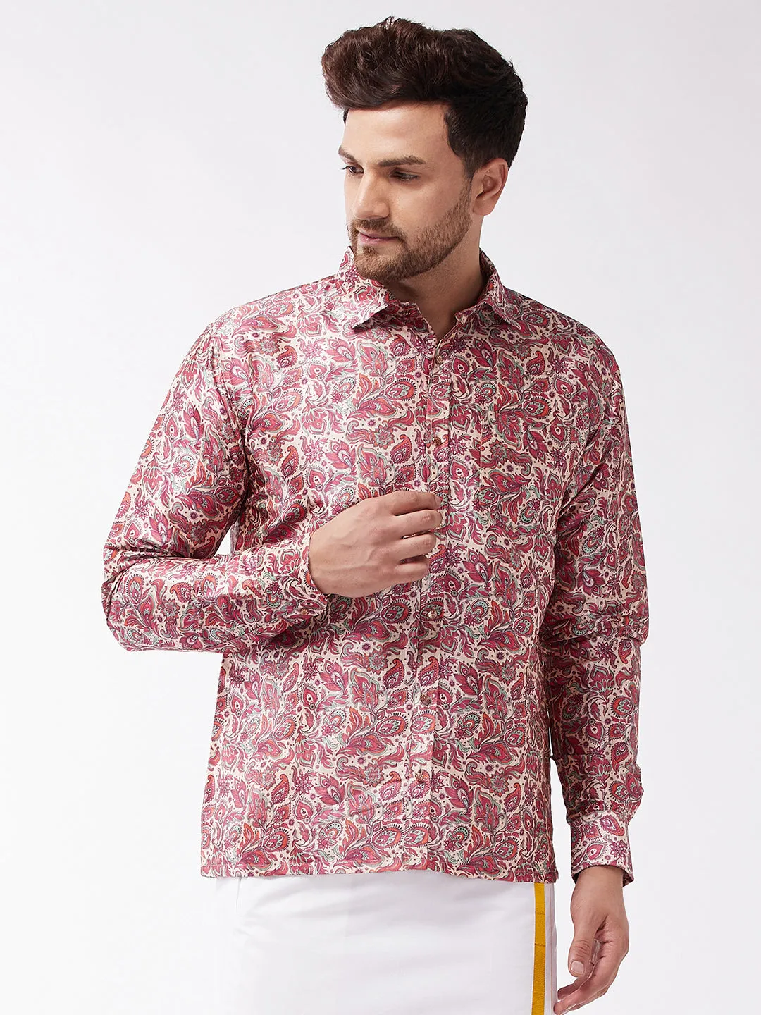 VASTRAMAY Men's Multicolour-Base-Pink Silk Blend Ethnic Shirt