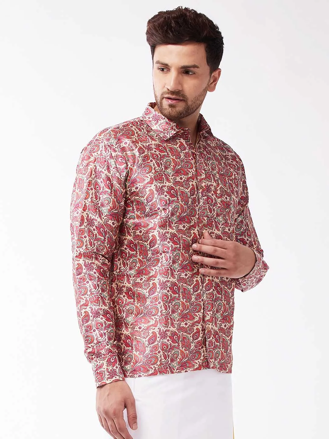 VASTRAMAY Men's Multicolour-Base-Pink Silk Blend Ethnic Shirt