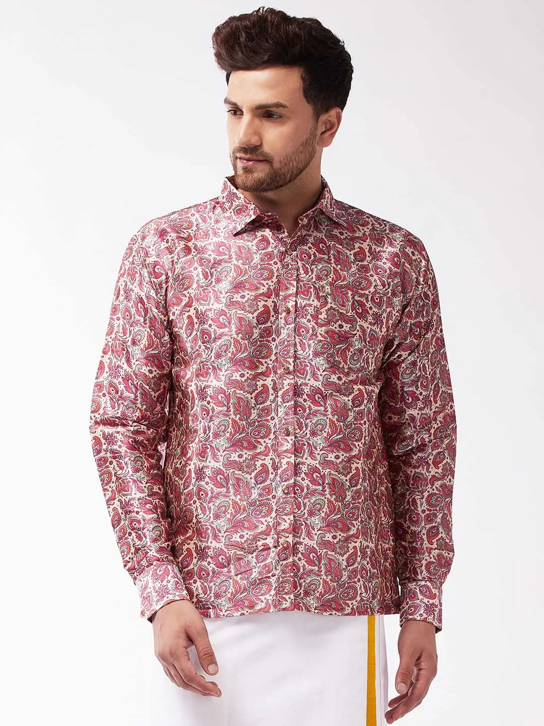 VASTRAMAY Men's Multicolour-Base-Pink Silk Blend Ethnic Shirt