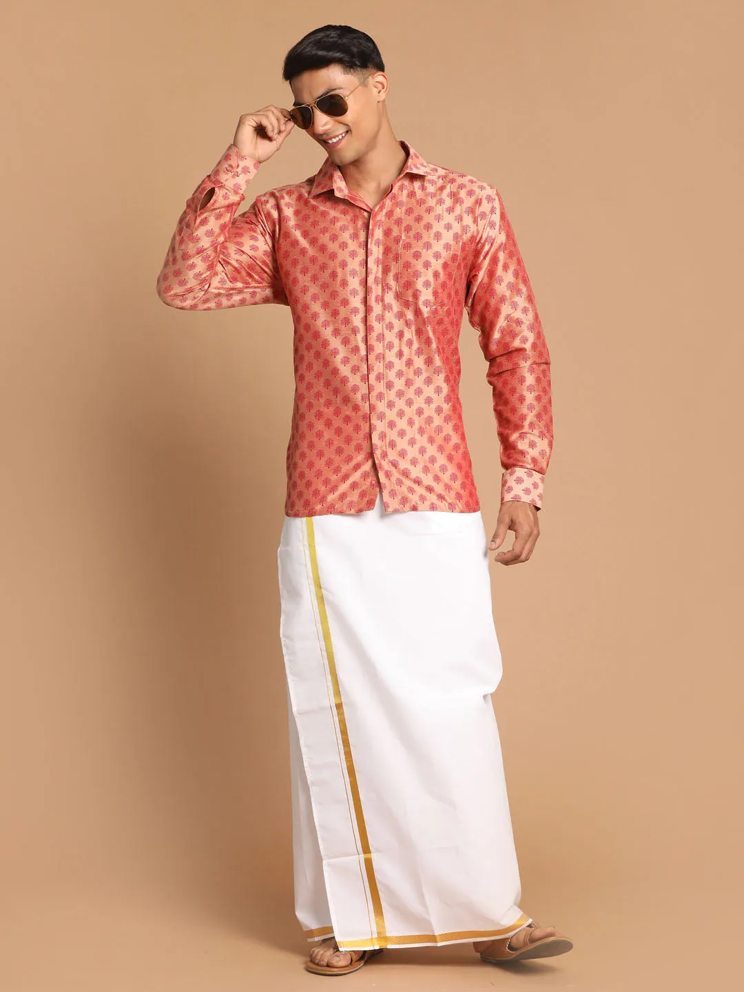 VASTRAMAY Men's Pink Silk Blend Printed Shirt And Mundu Set