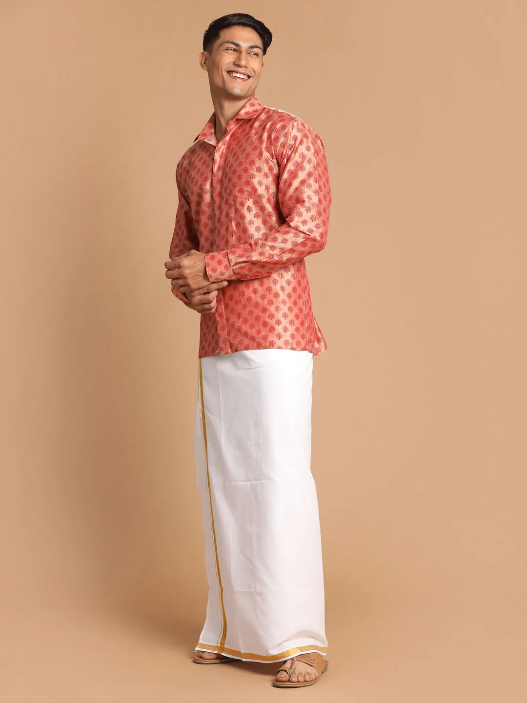 VASTRAMAY Men's Pink Silk Blend Printed Shirt And Mundu Set