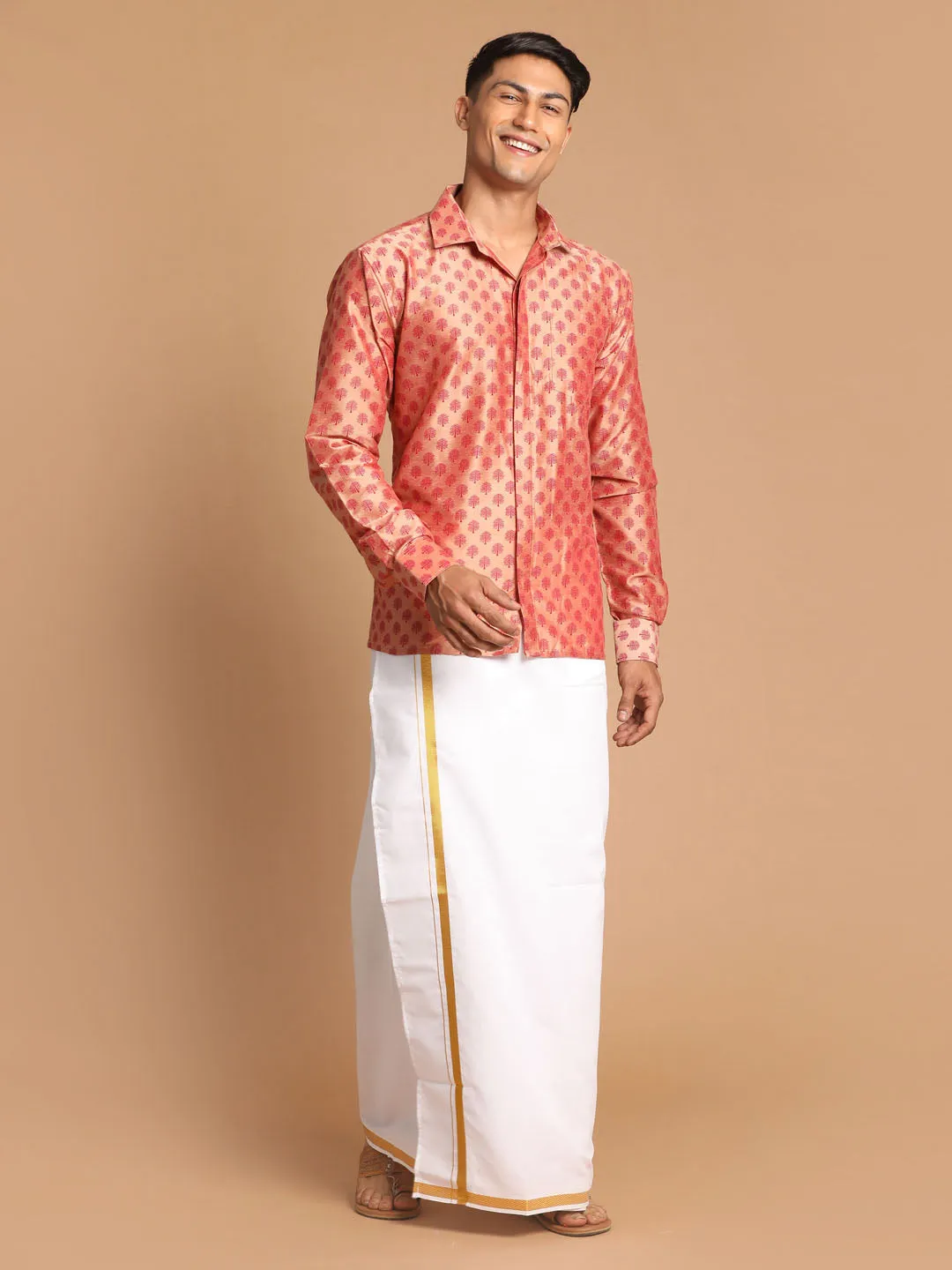 VASTRAMAY Men's Pink Silk Blend Printed Shirt And Mundu Set