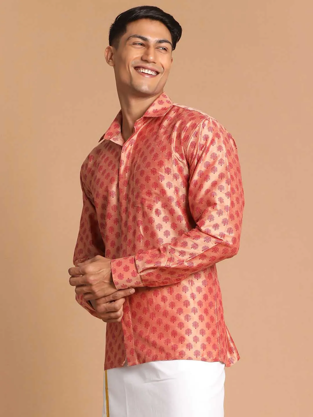 VASTRAMAY Men's Pink Silk Blend Printed Shirt