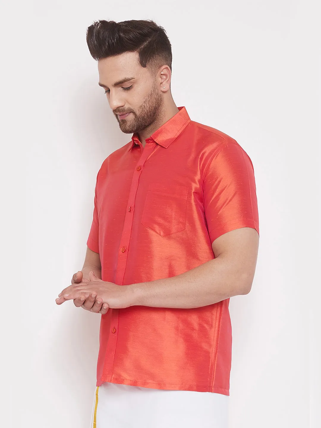 VASTRAMAY Men's Red Silk Blend Shirt