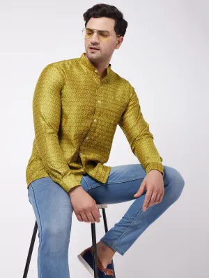 VASTRAMAY Men's Yellow Silk Blend Ethnic Shirt