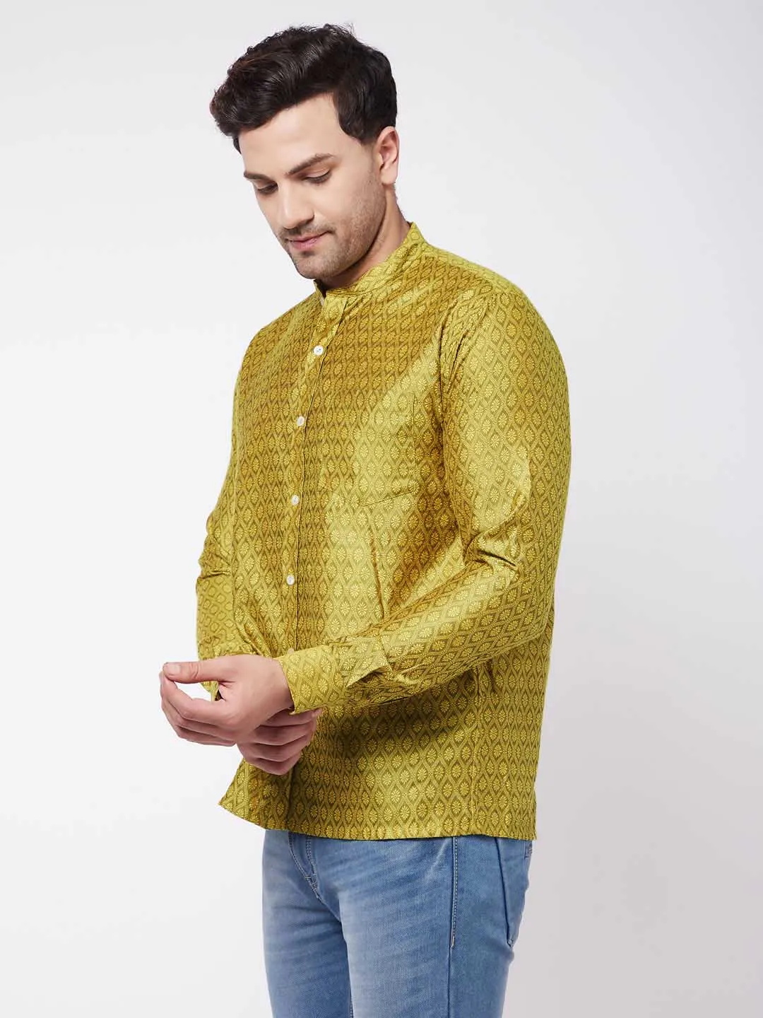 VASTRAMAY Men's Yellow Silk Blend Ethnic Shirt