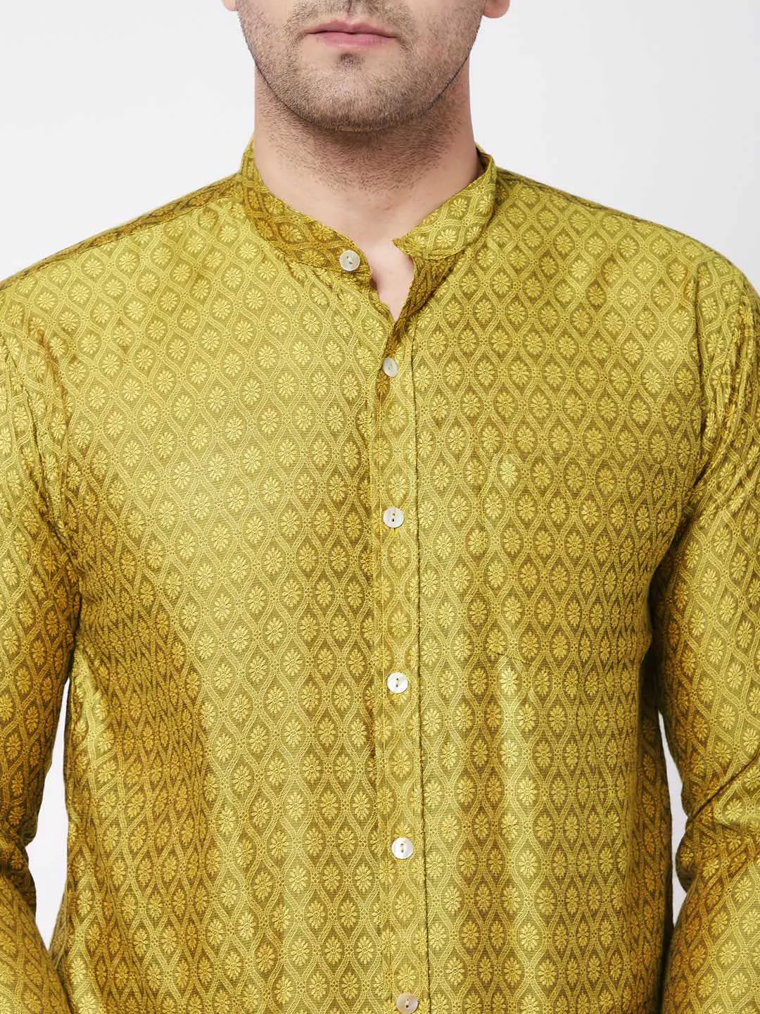 VASTRAMAY Men's Yellow Silk Blend Ethnic Shirt