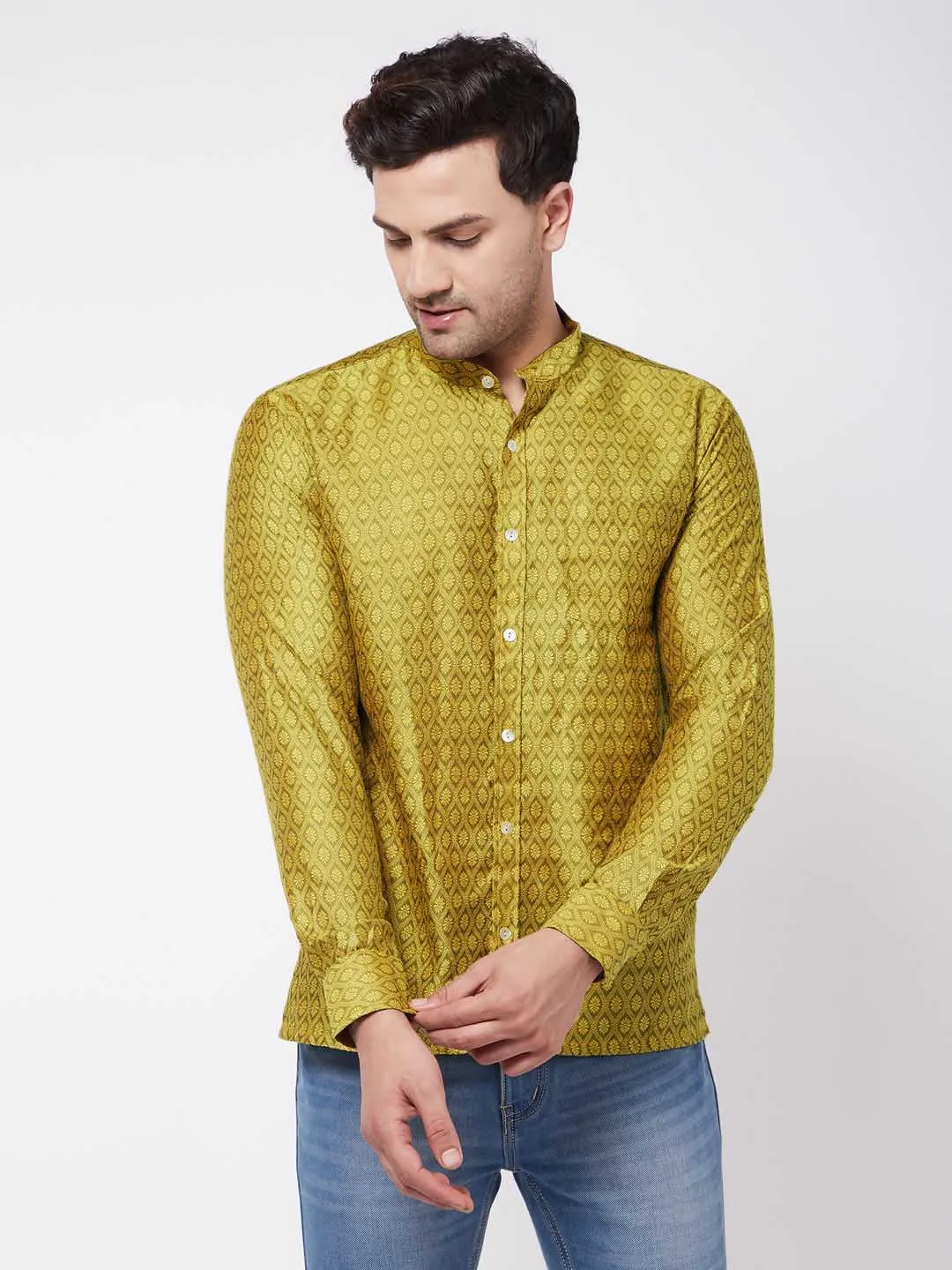 VASTRAMAY Men's Yellow Silk Blend Ethnic Shirt