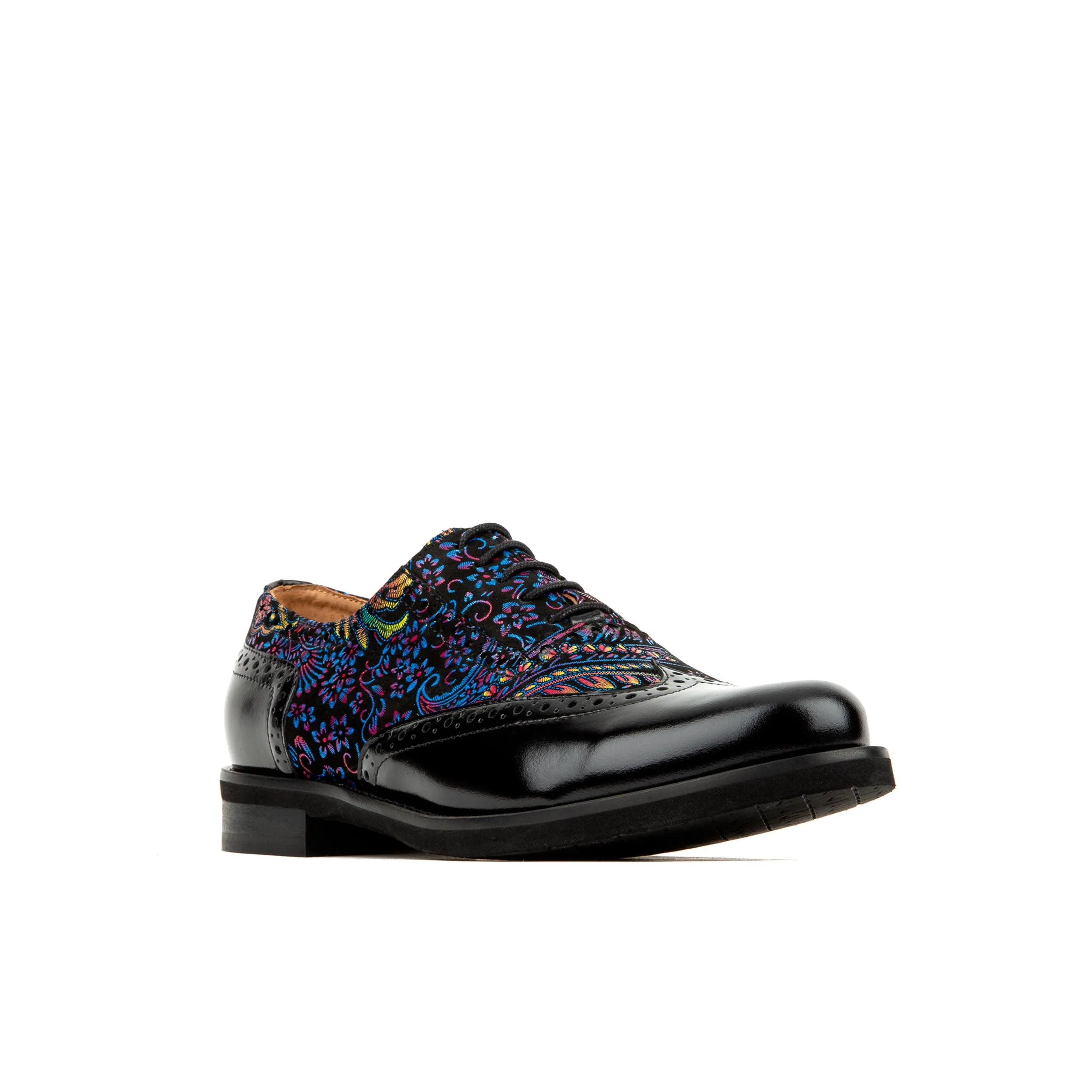 Vivienne - Black & Blue - Women's leather oxfords with wingtip and brogue details