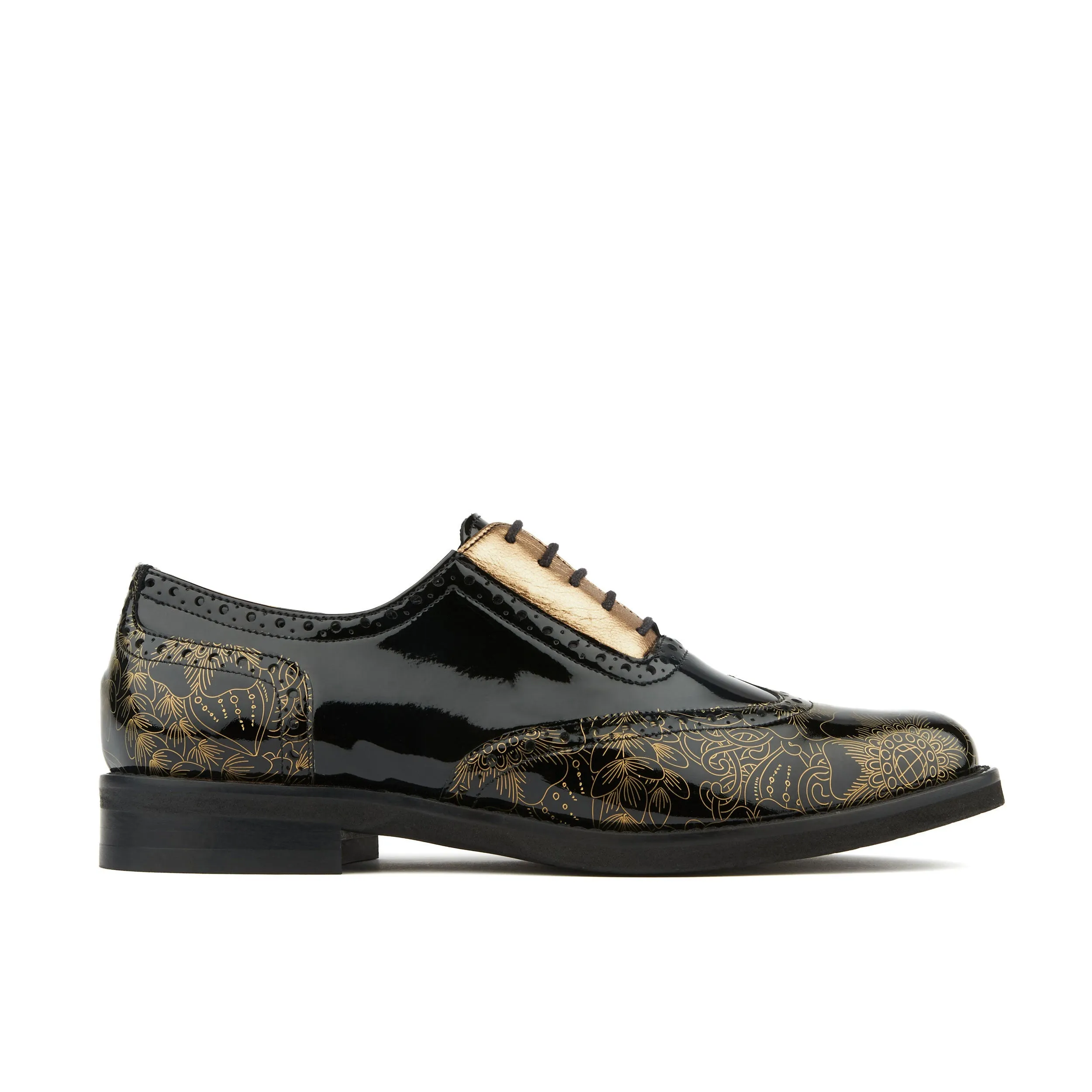 Vivienne - Gold Gloss - Women's oxfords with brogue detail in black gloss leather