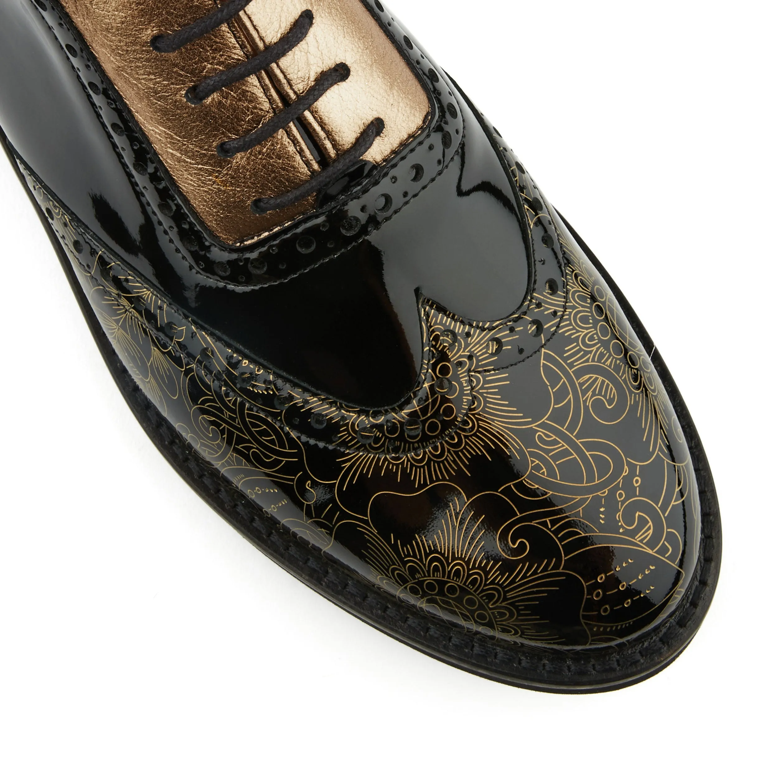 Vivienne - Gold Gloss - Women's oxfords with brogue detail in black gloss leather