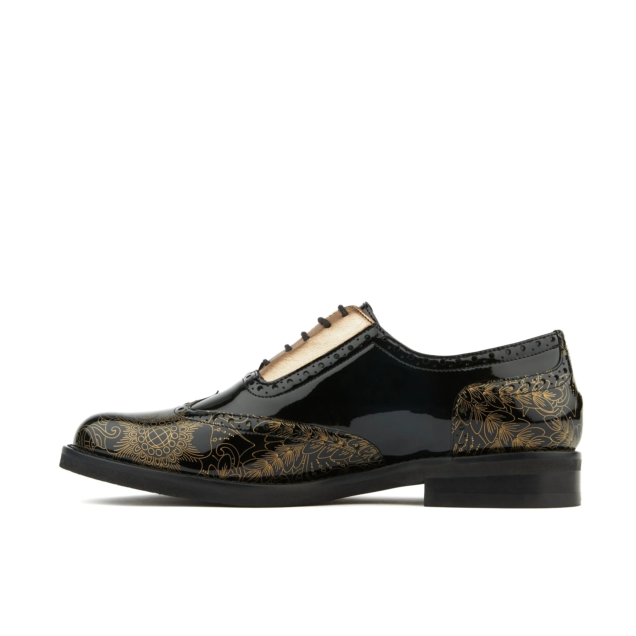 Vivienne - Gold Gloss - Women's oxfords with brogue detail in black gloss leather