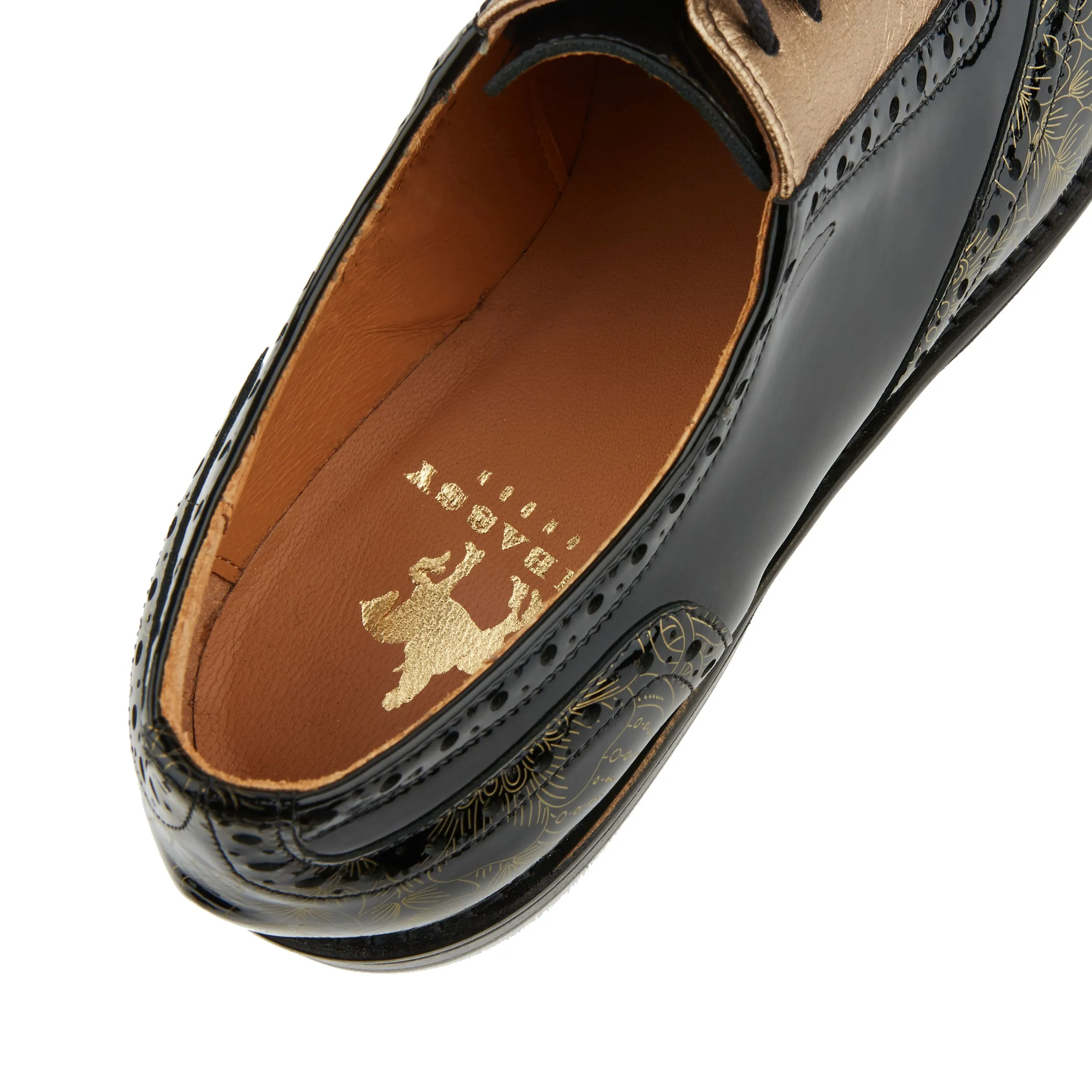 Vivienne - Gold Gloss - Women's oxfords with brogue detail in black gloss leather