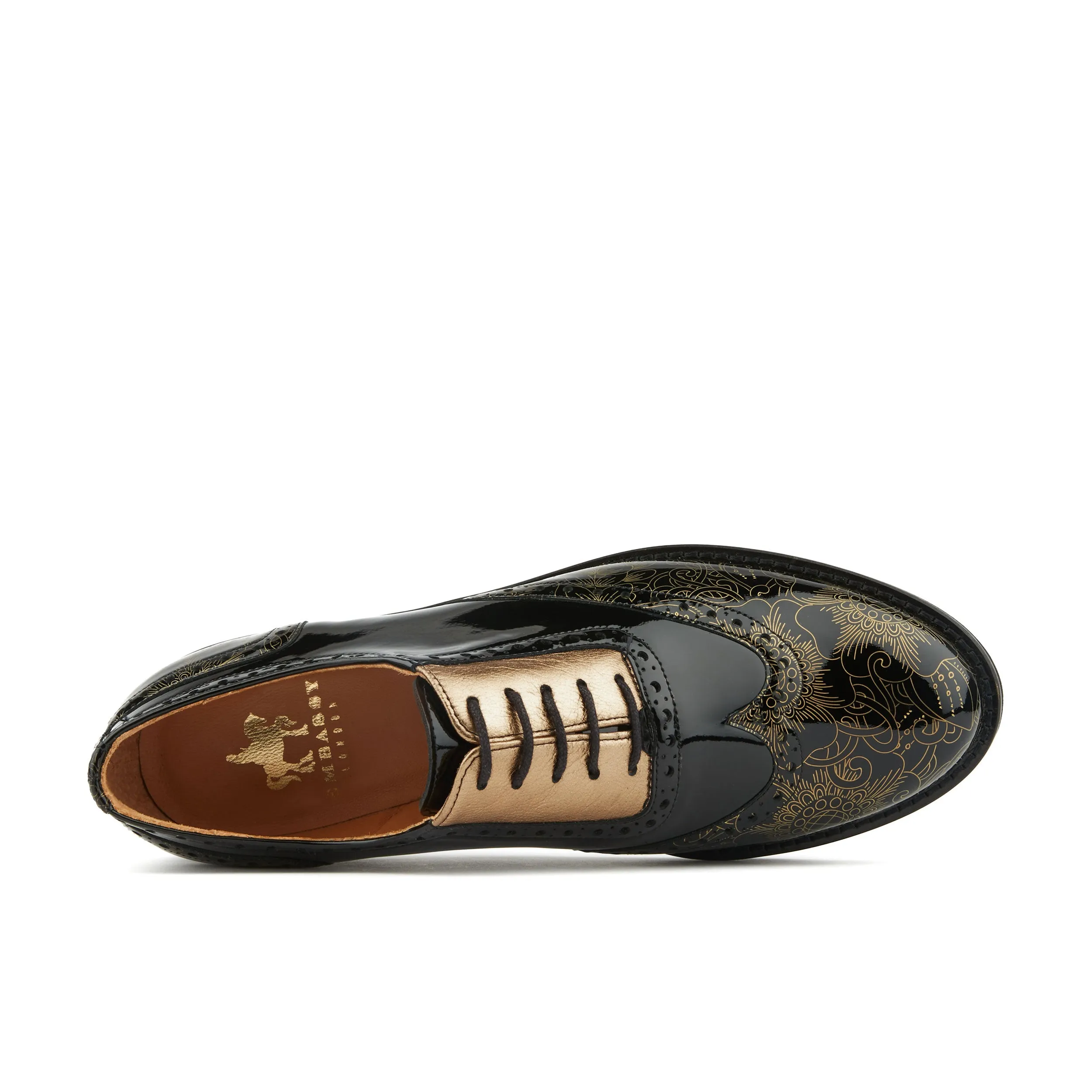 Vivienne - Gold Gloss - Women's oxfords with brogue detail in black gloss leather